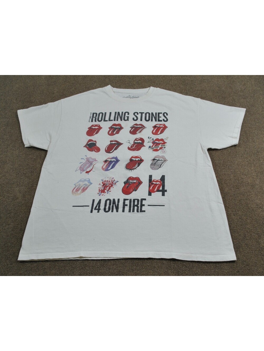 The Rolling Stones 14 On Fire Band Tour Album 2014 Beige Shirt Size Medium